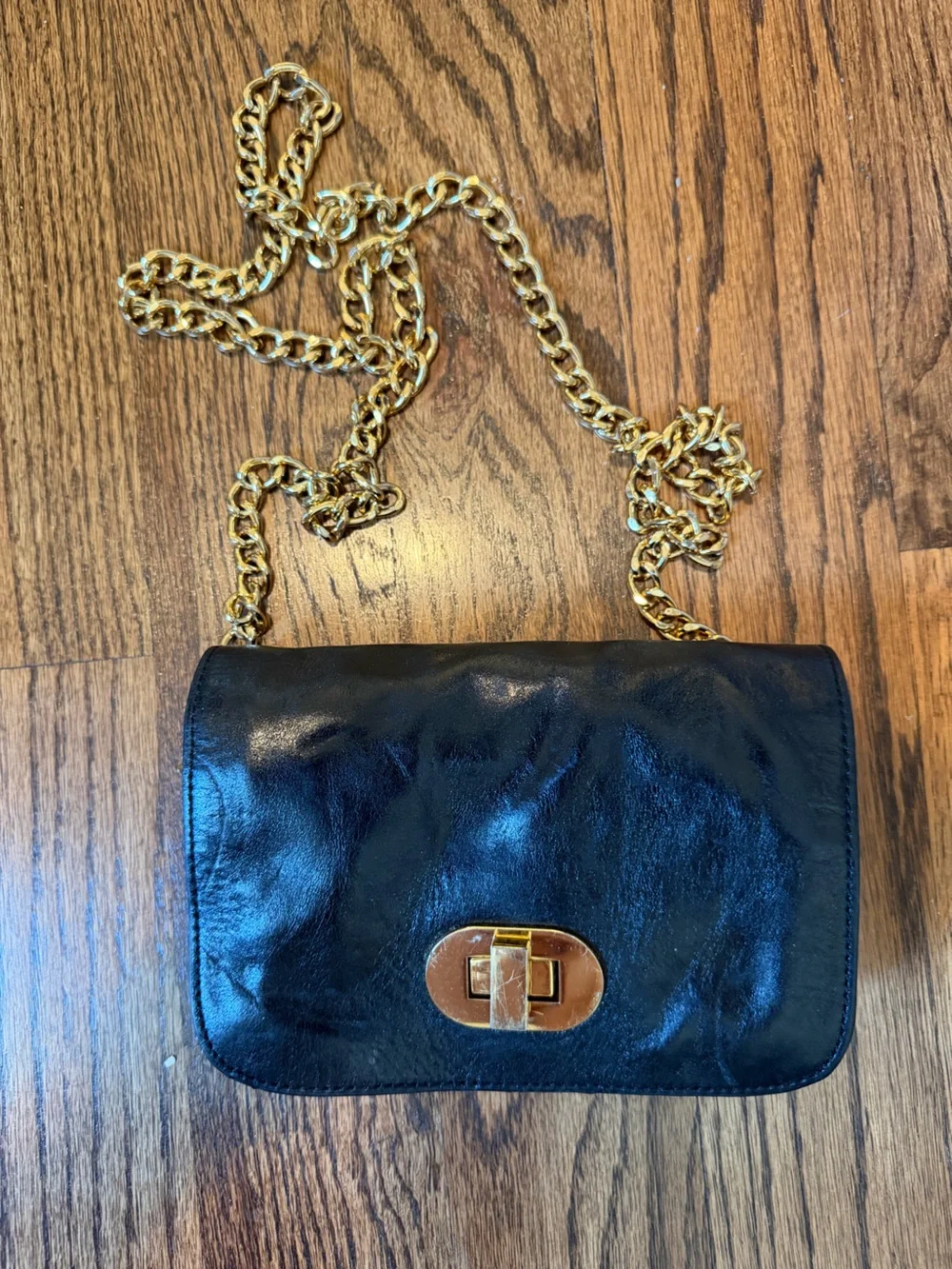 Black Leather Crossbody Bag with Gold Chain